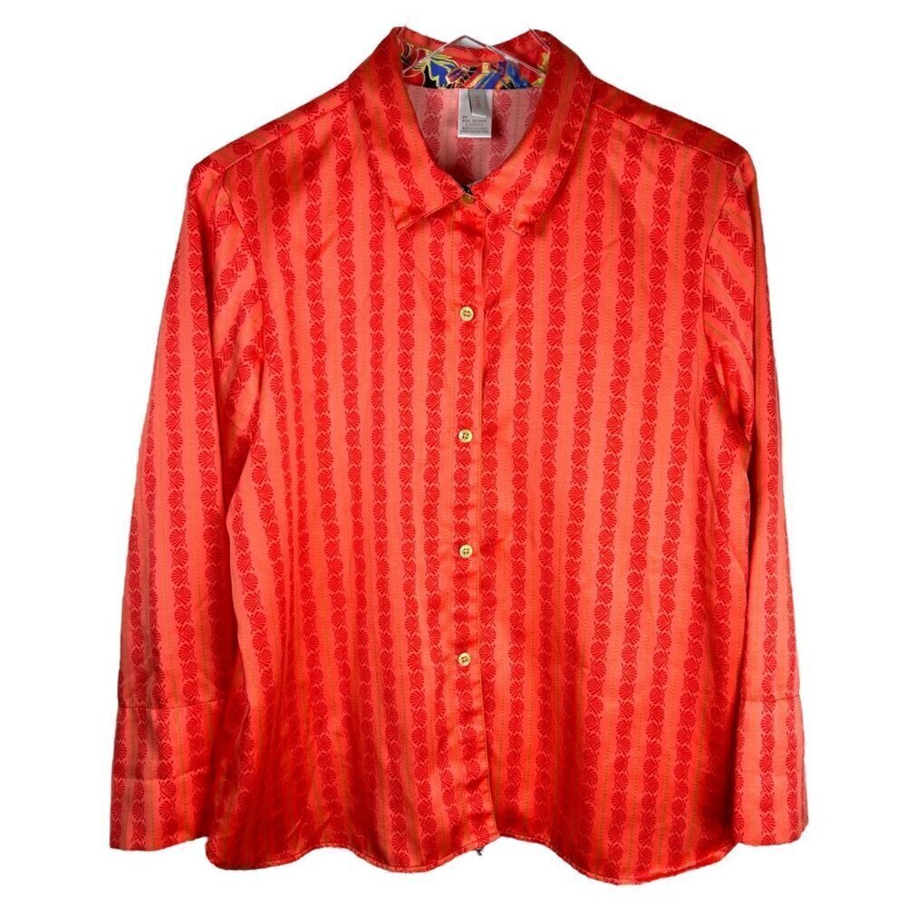2/$30 Natori Cruz Large Striped Seashell Top Blouse Button Down Red Orange